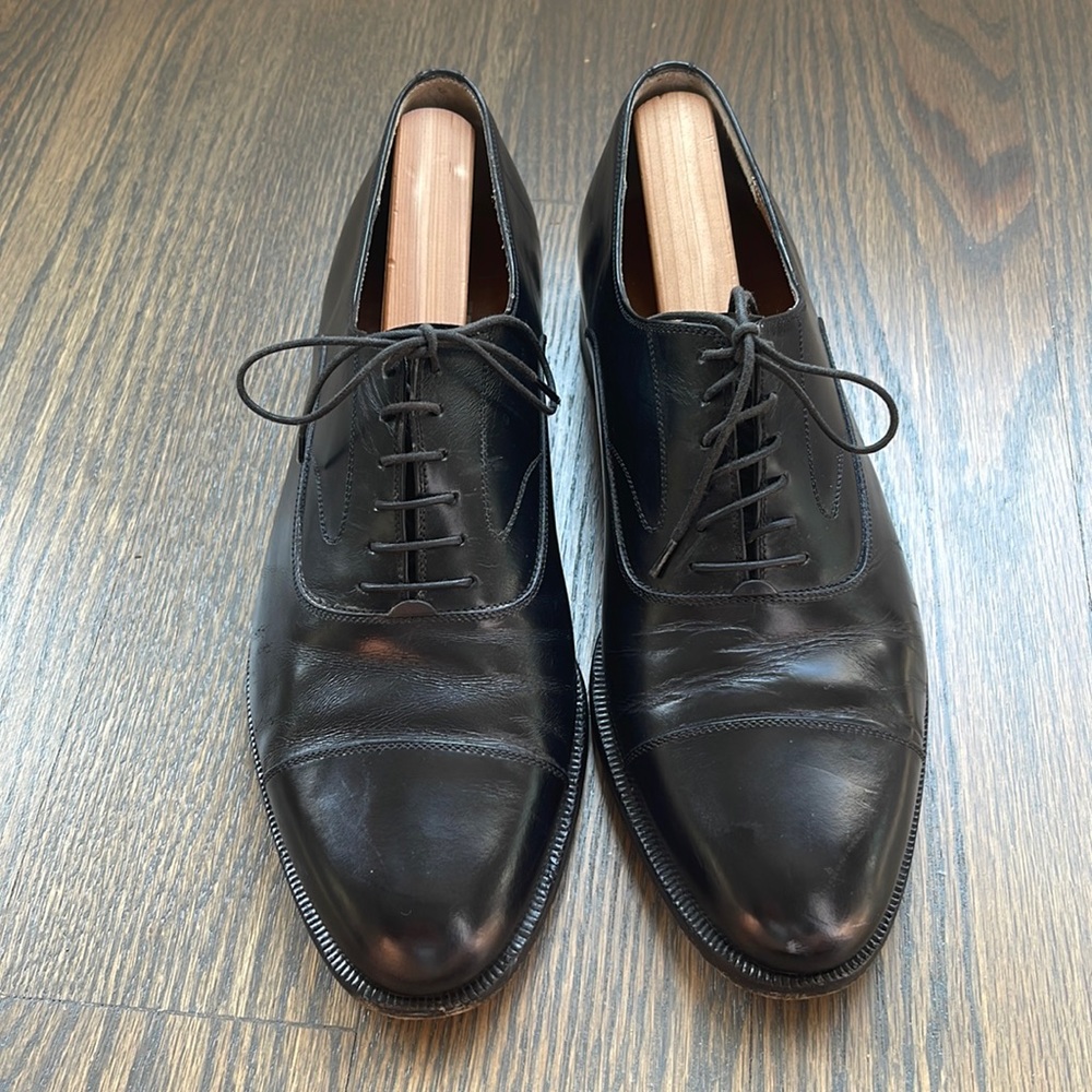 Men’s Salvatore Ferragamo Black Leather Lace Up Cap Toe Shoes Size 8.5D